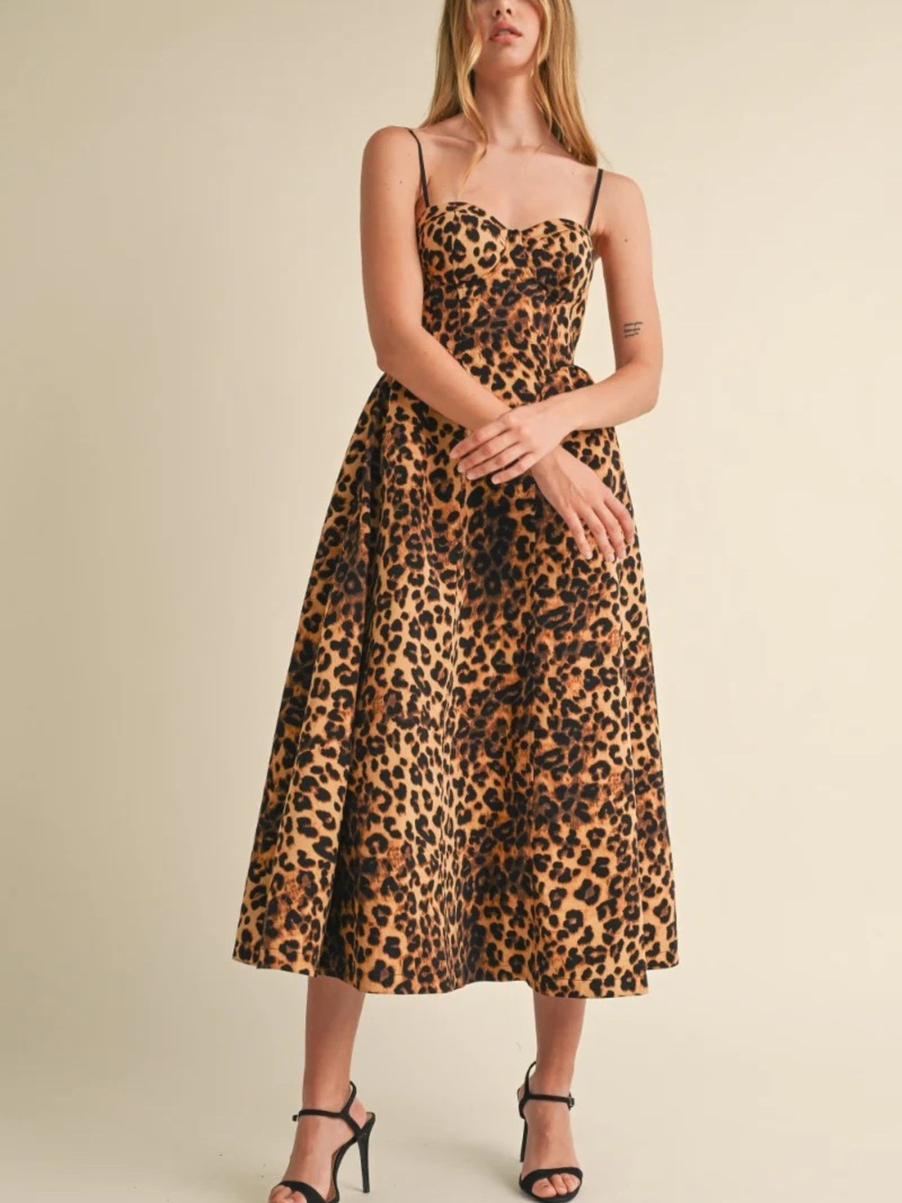 Leopard Print Midi Dress - Spaghetti Strap Women’s Dress